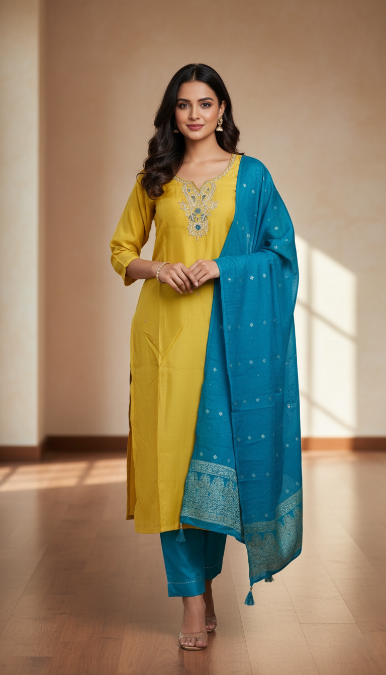 Kanchi Silk Designer Suit with Banarasi Dupatta - Mustard Yellow