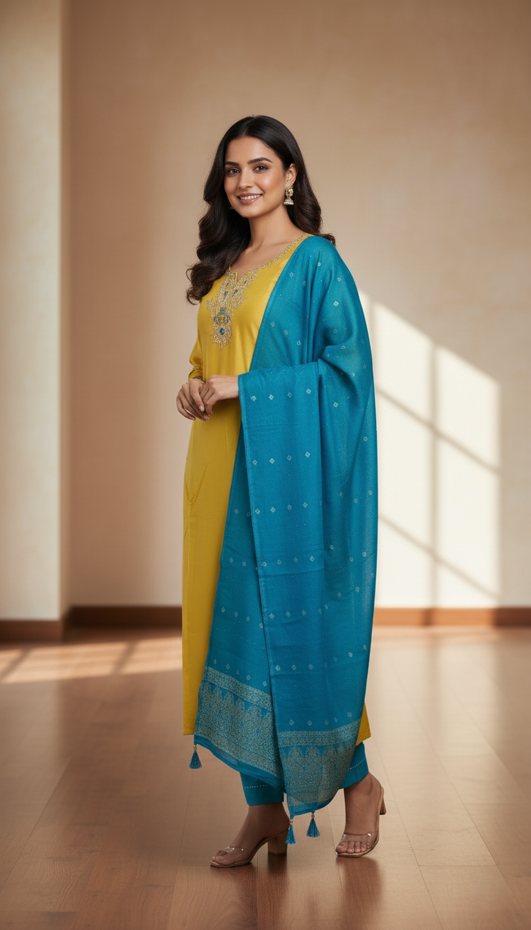 Kanchi Silk Designer Suit with Banarasi Dupatta - Mustard Yellow