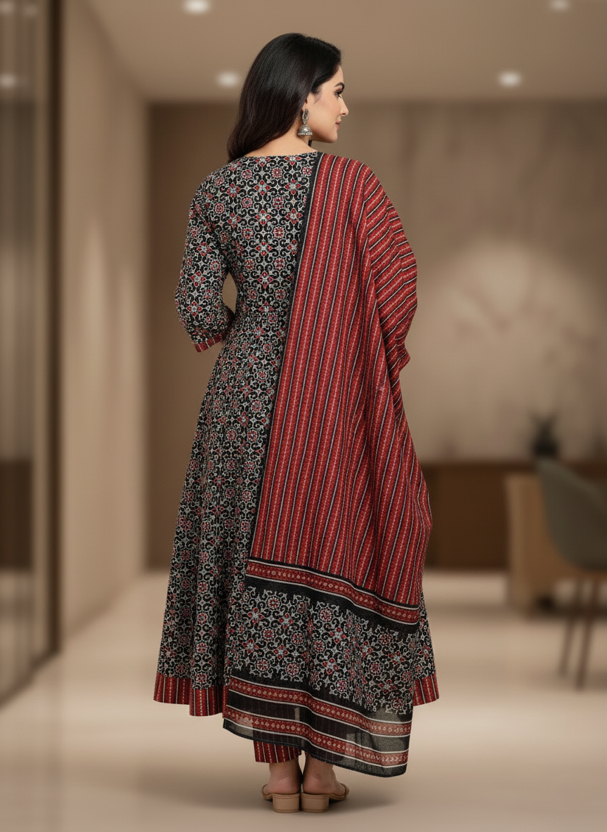 Pure Cotton Printed A-line 3 Piece Suit - Black & Brown