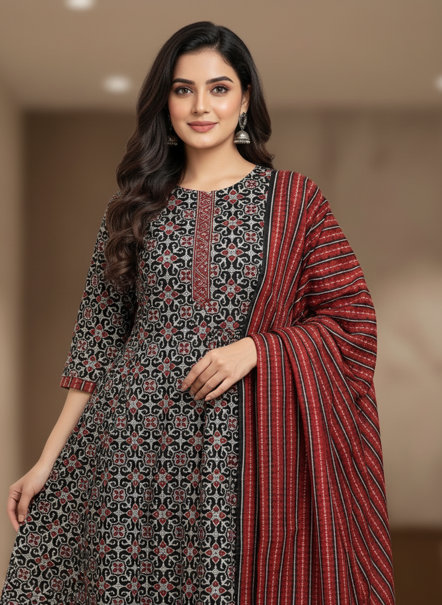 Pure Cotton Printed A-line 3 Piece Suit - Black & Brown