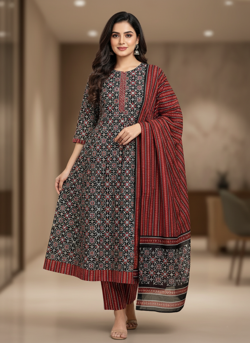 Pure Cotton Printed A-line 3 Piece Suit - Black & Brown