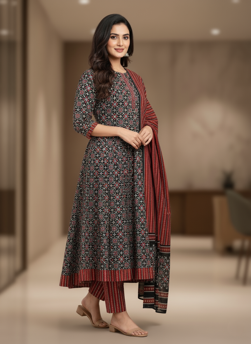 Pure Cotton Printed A-line 3 Piece Suit - Black & Brown
