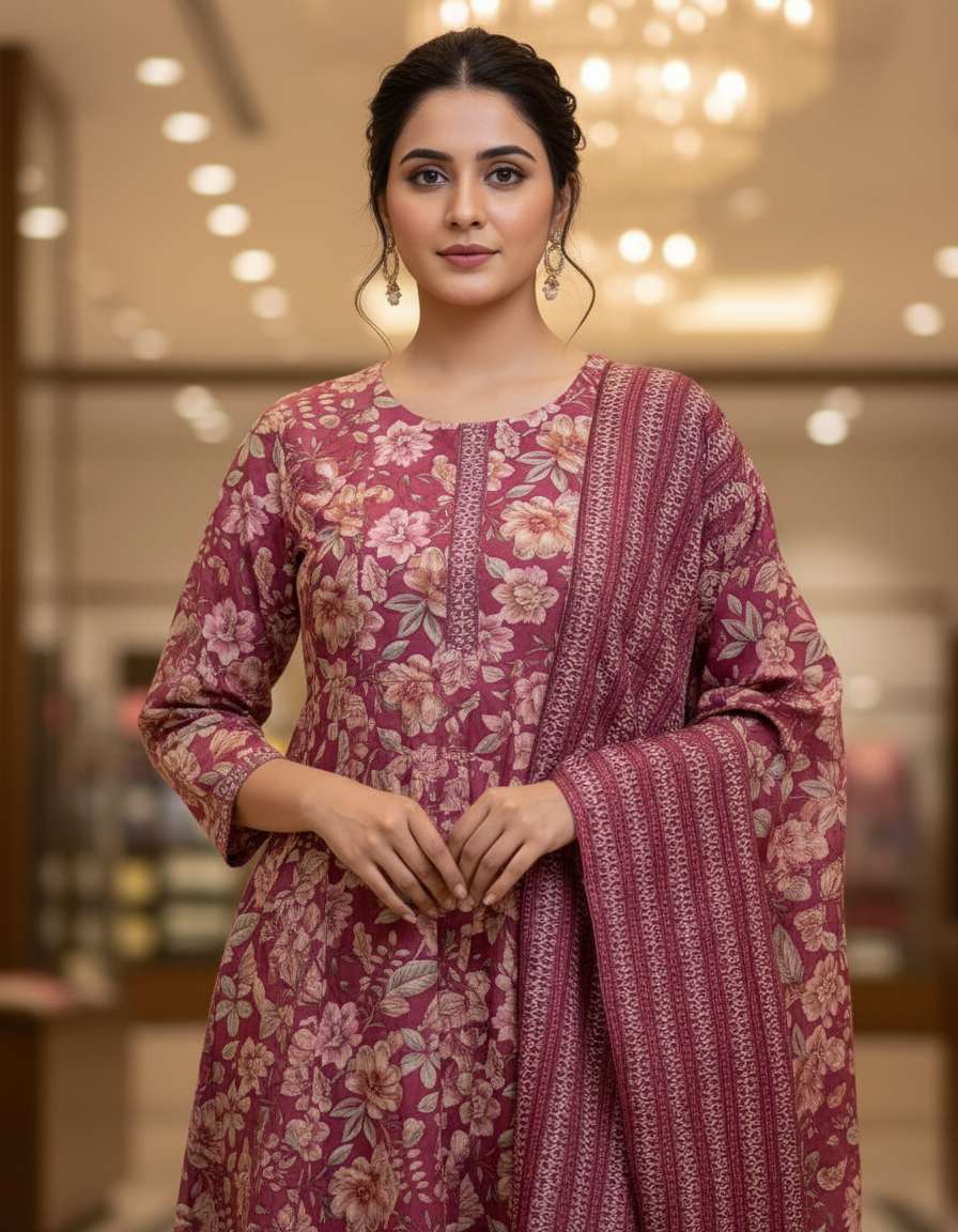 Pure Cotton Printed A-line 3 Piece Suit - Cherry Blossom