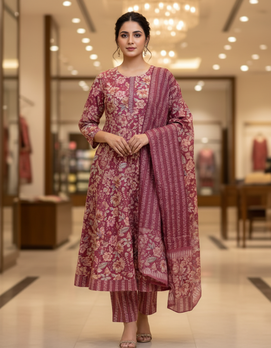 Pure Cotton Printed A-line 3 Piece Suit - Cherry Blossom