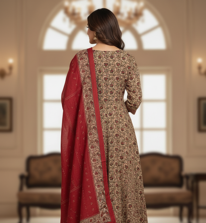 Pure Cotton Printed A-line 3 Piece Suit - Cream & Red