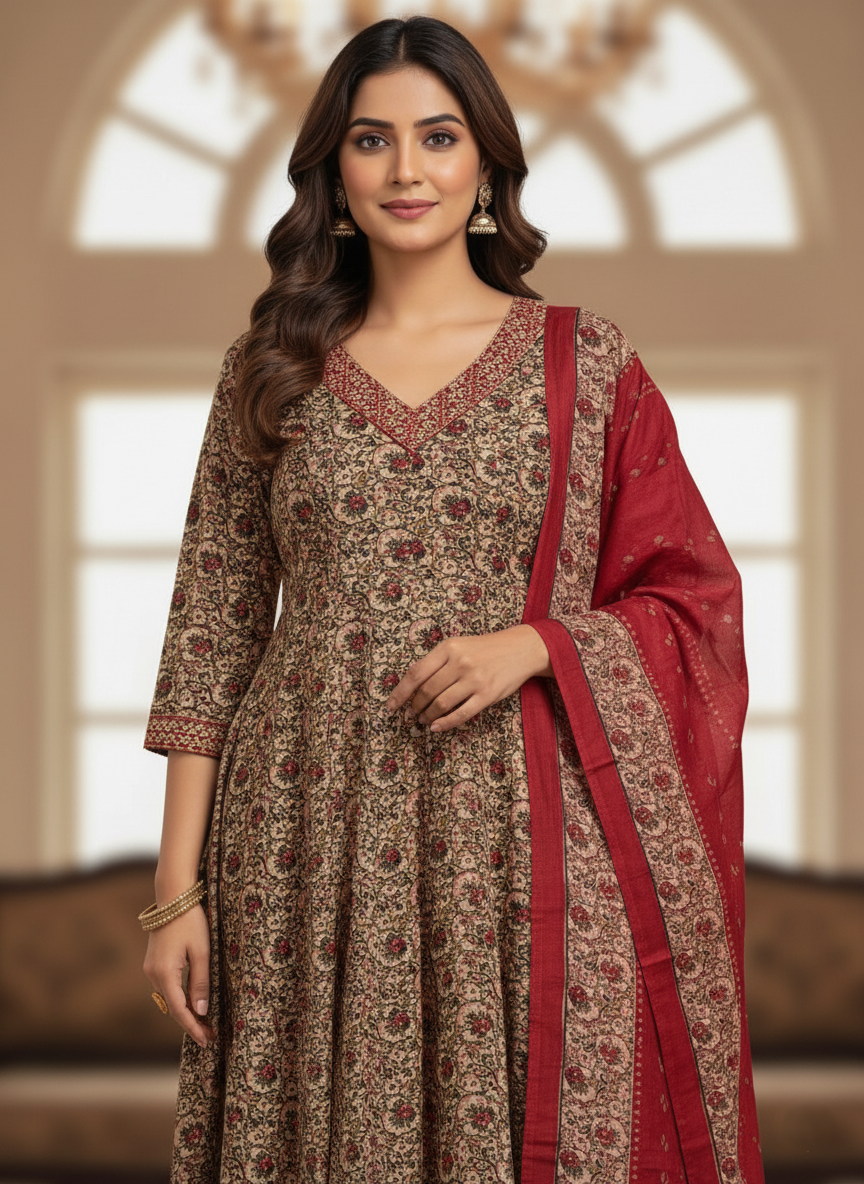 Pure Cotton Printed A-line 3 Piece Suit - Cream & Red