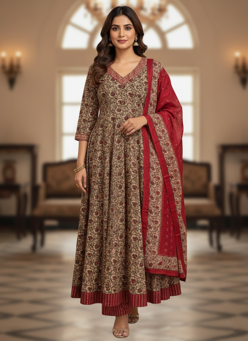 Pure Cotton Printed A-line 3 Piece Suit - Cream & Red