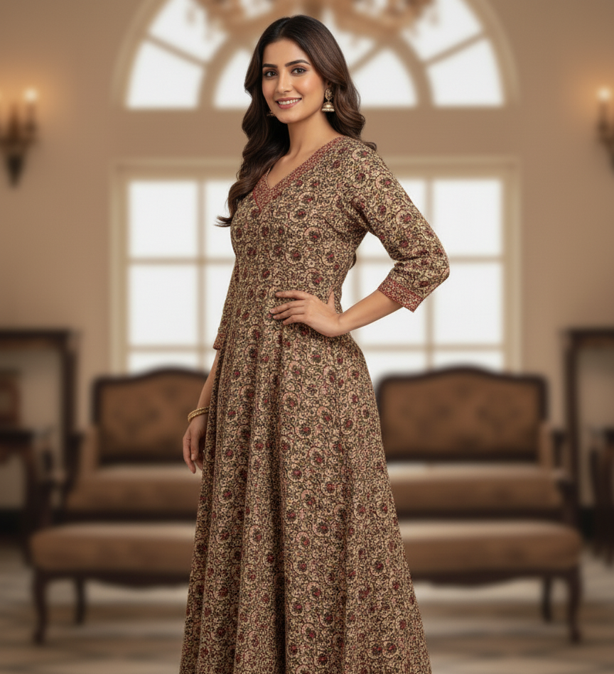 Pure Cotton Printed A-line 3 Piece Suit - Cream & Red