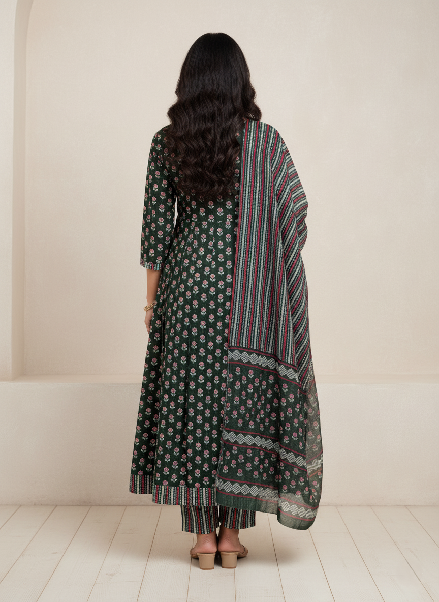 Pure Cotton Printed A-line 3 Piece Suit - Green & Grey