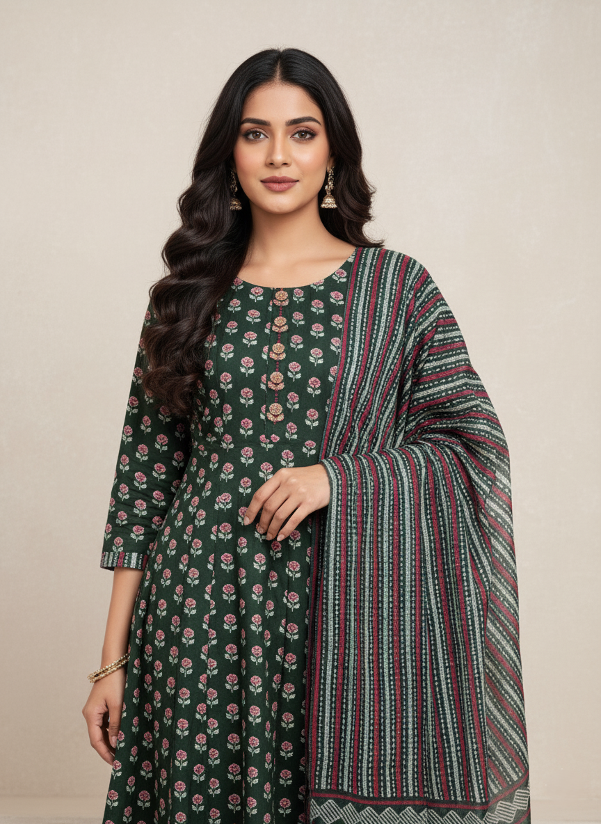 Pure Cotton Printed A-line 3 Piece Suit - Green & Grey