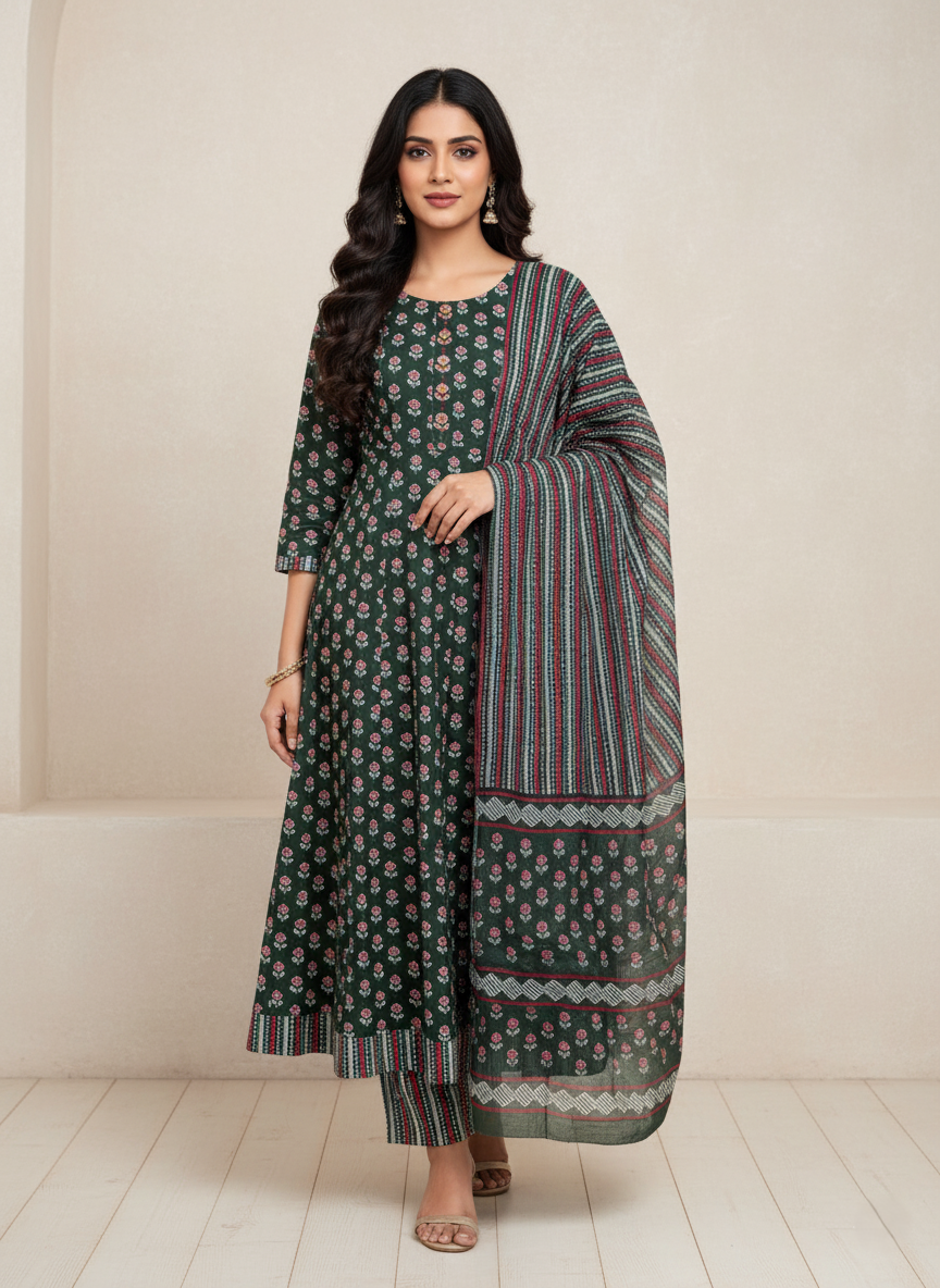 Pure Cotton Printed A-line 3 Piece Suit - Green & Grey