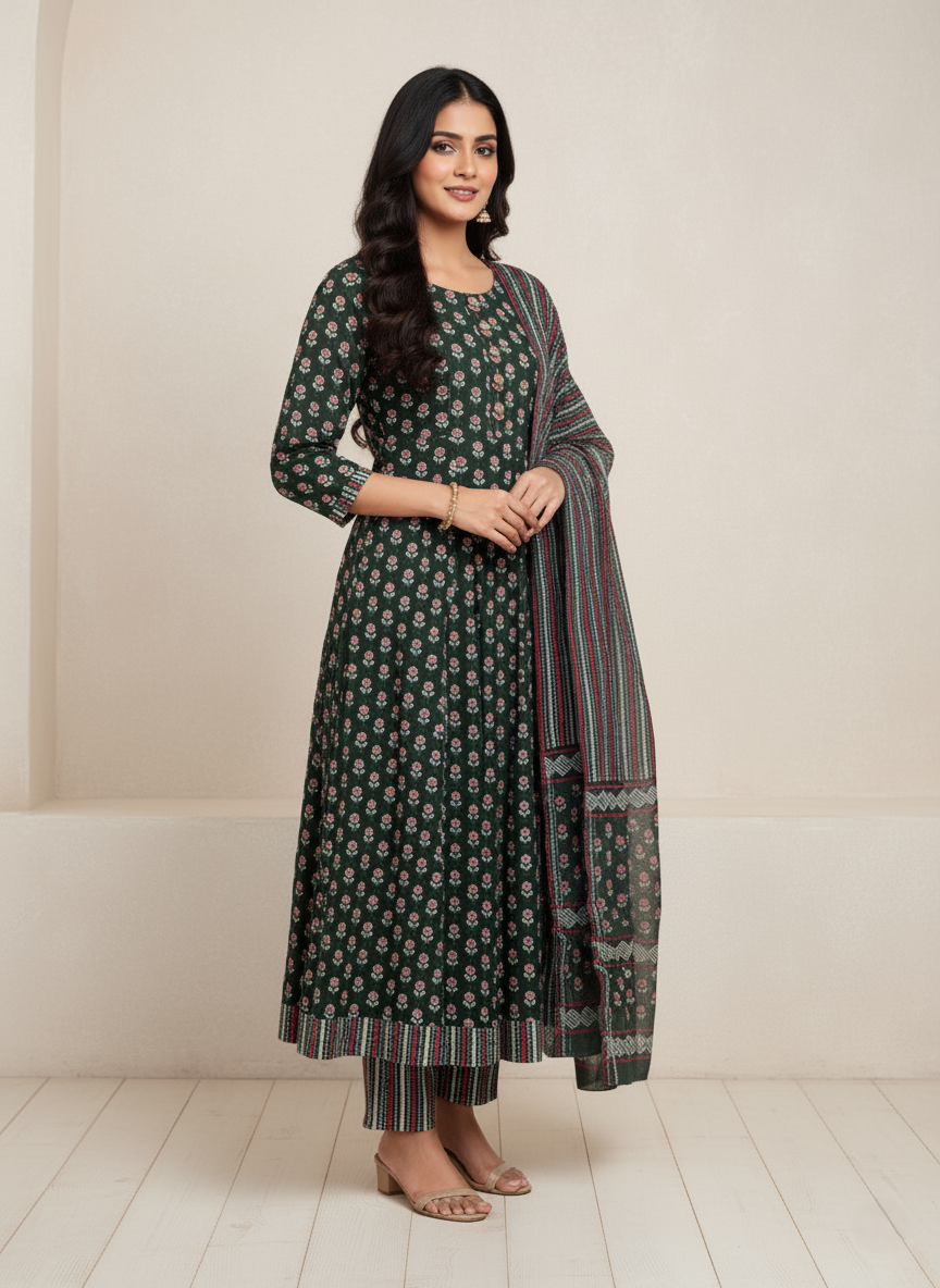 Pure Cotton Printed A-line 3 Piece Suit - Green & Grey