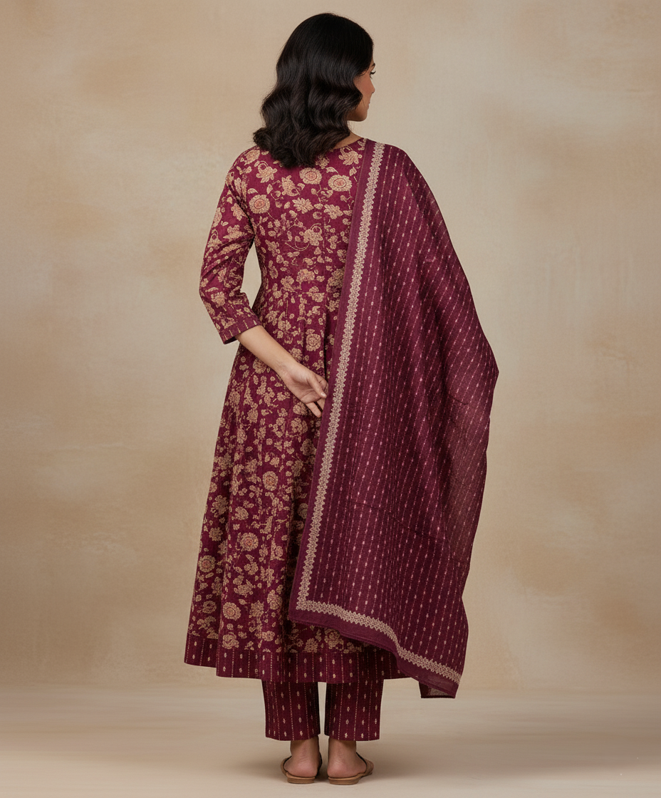 Pure Cotton Printed A-line 3 Piece Suit - Maroon