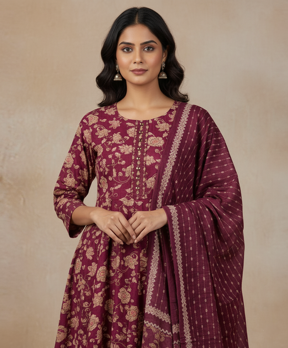 Pure Cotton Printed A-line 3 Piece Suit - Maroon