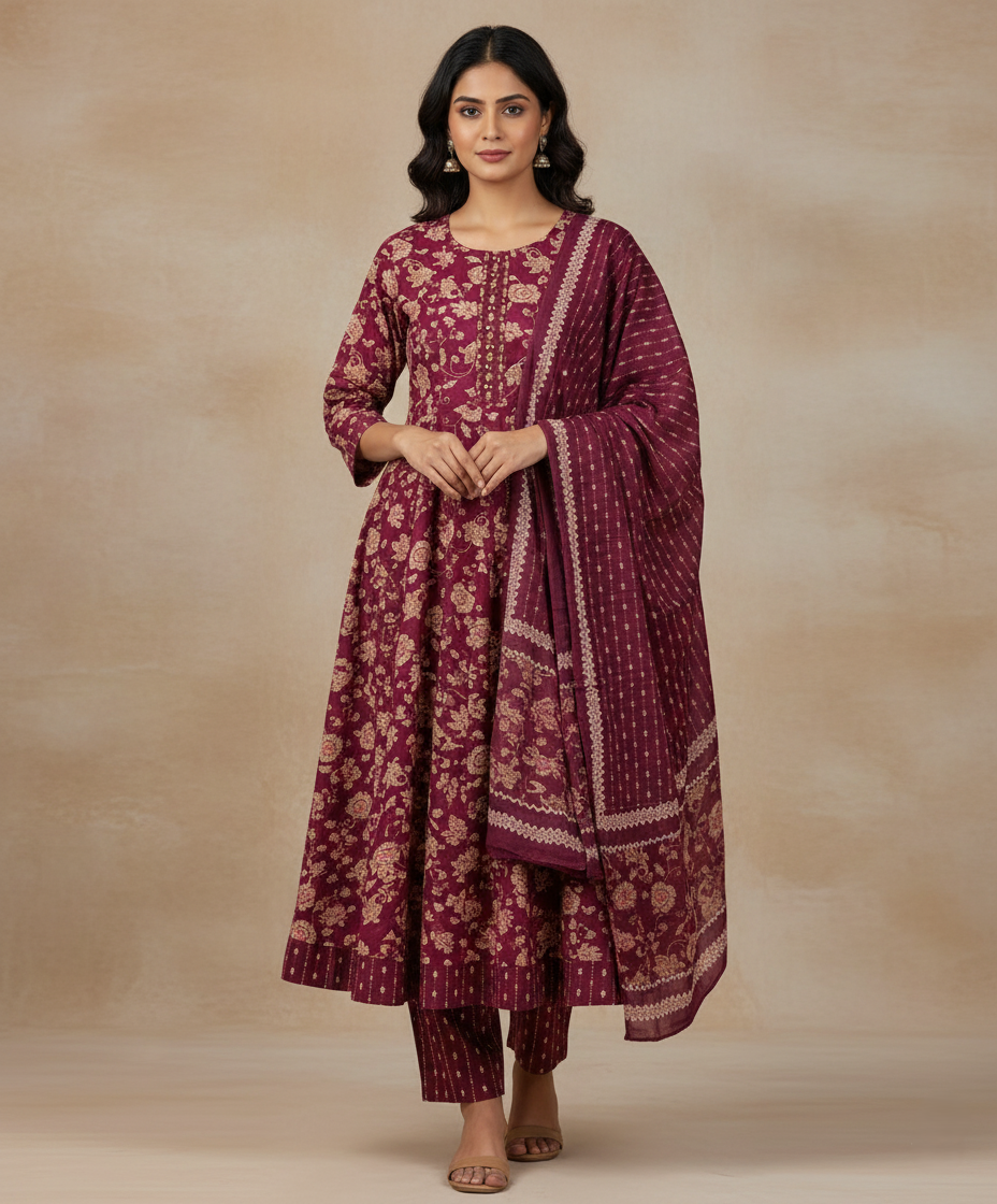 Pure Cotton Printed A-line 3 Piece Suit - Maroon