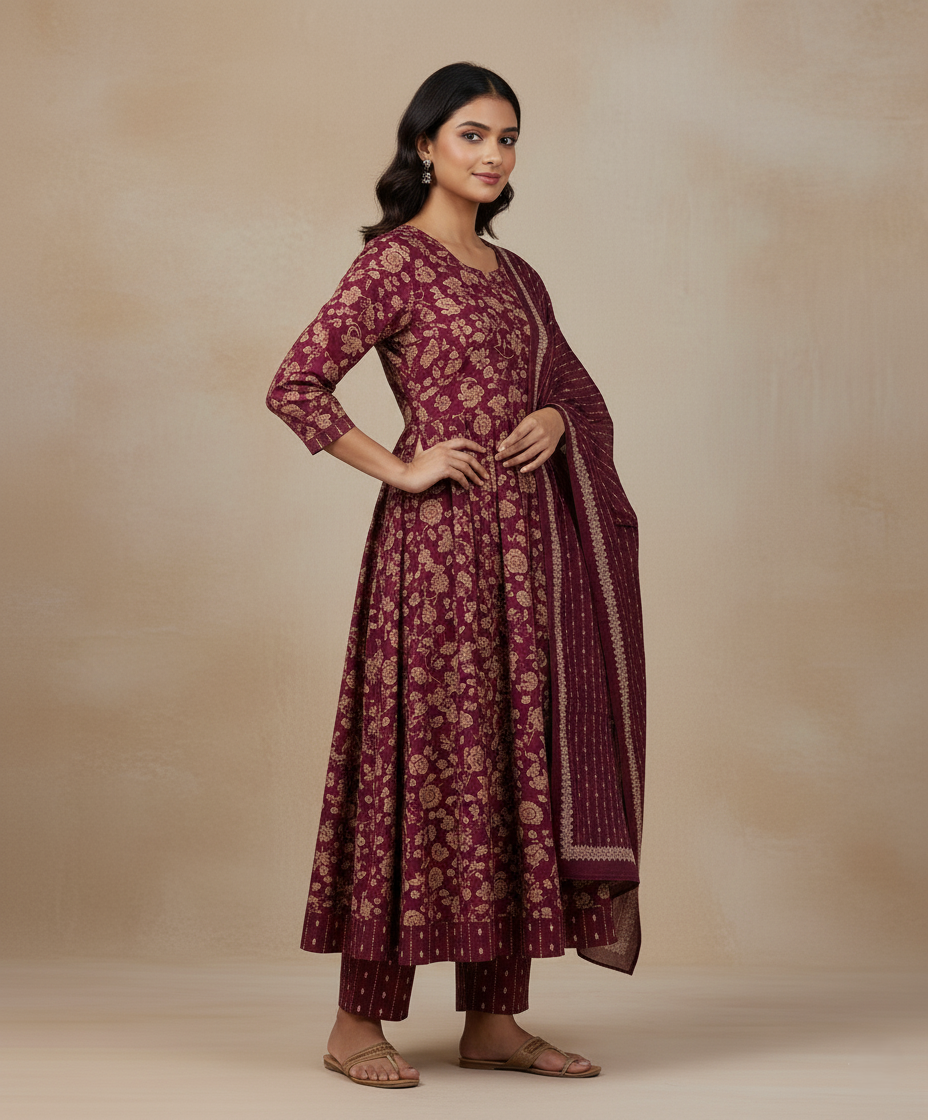Pure Cotton Printed A-line 3 Piece Suit - Maroon
