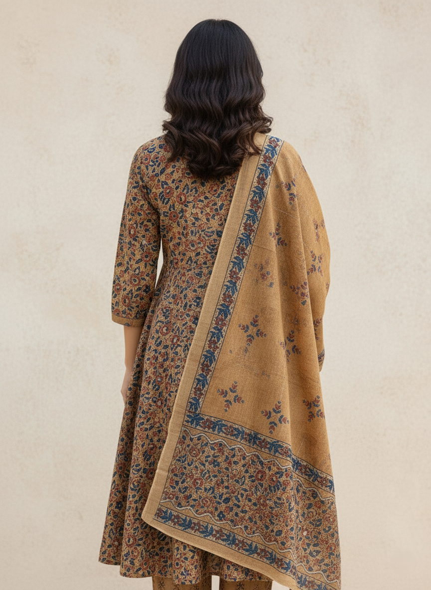 Pure Cotton Printed A-line 3 Piece Suit - Mustard