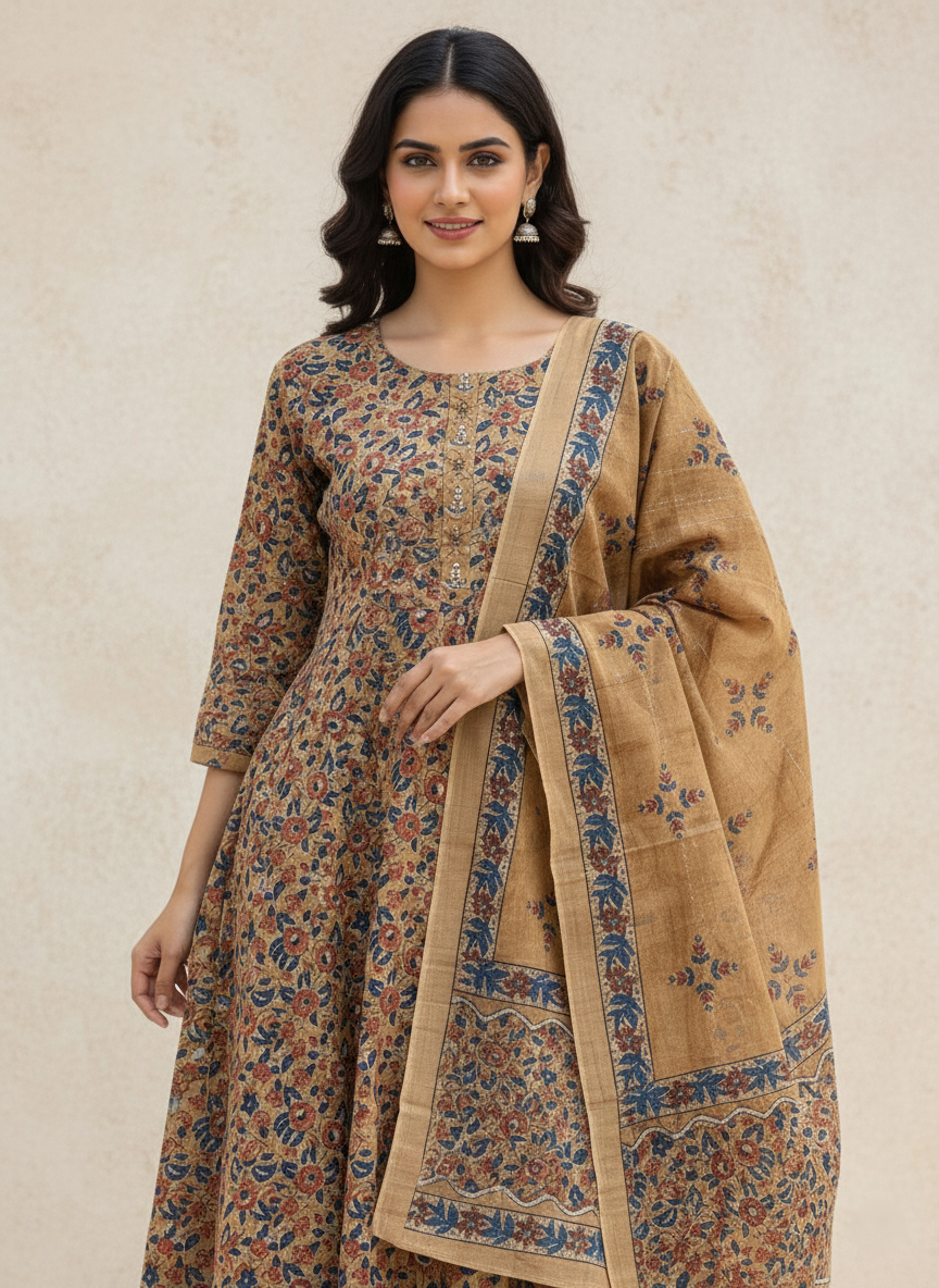 Pure Cotton Printed A-line 3 Piece Suit - Mustard