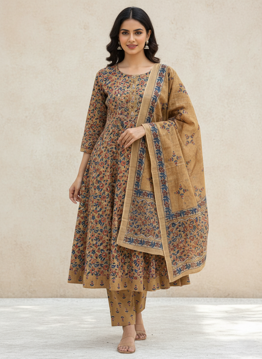 Pure Cotton Printed A-line 3 Piece Suit - Mustard