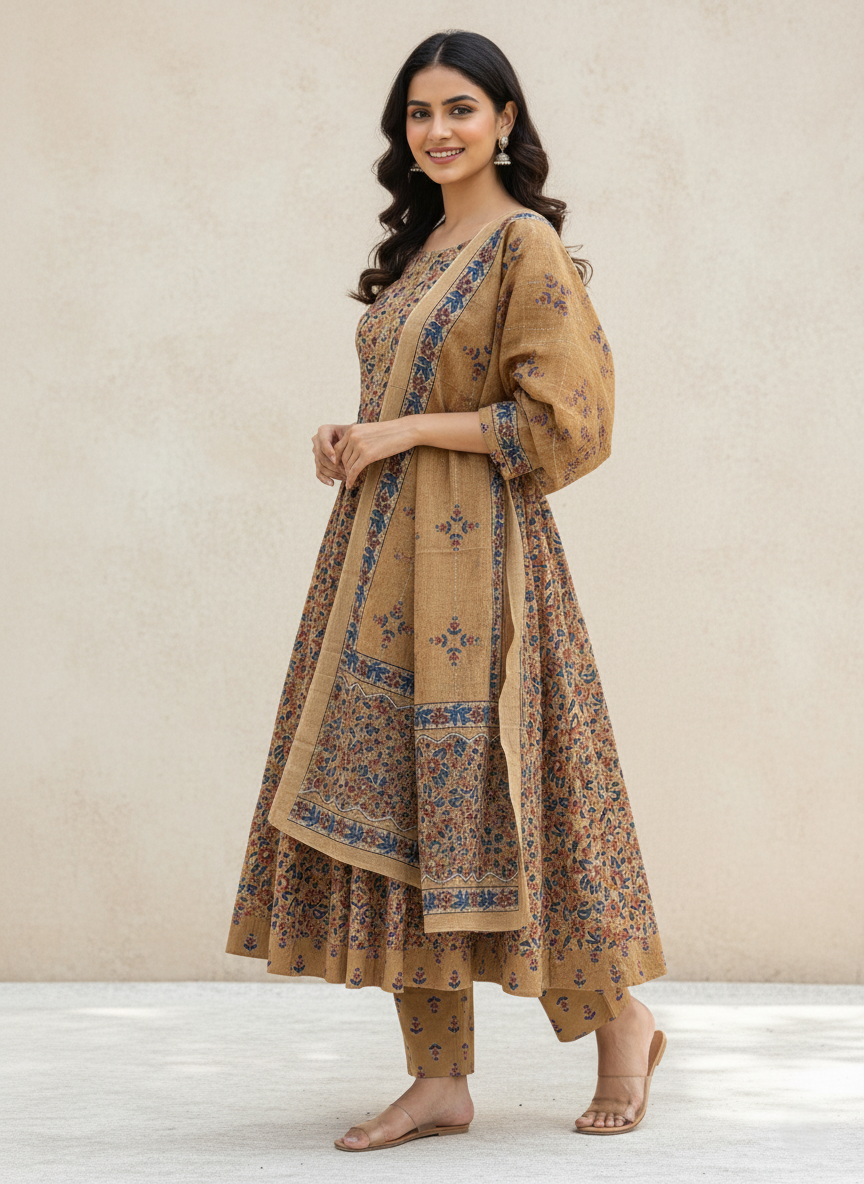 Pure Cotton Printed A-line 3 Piece Suit - Mustard