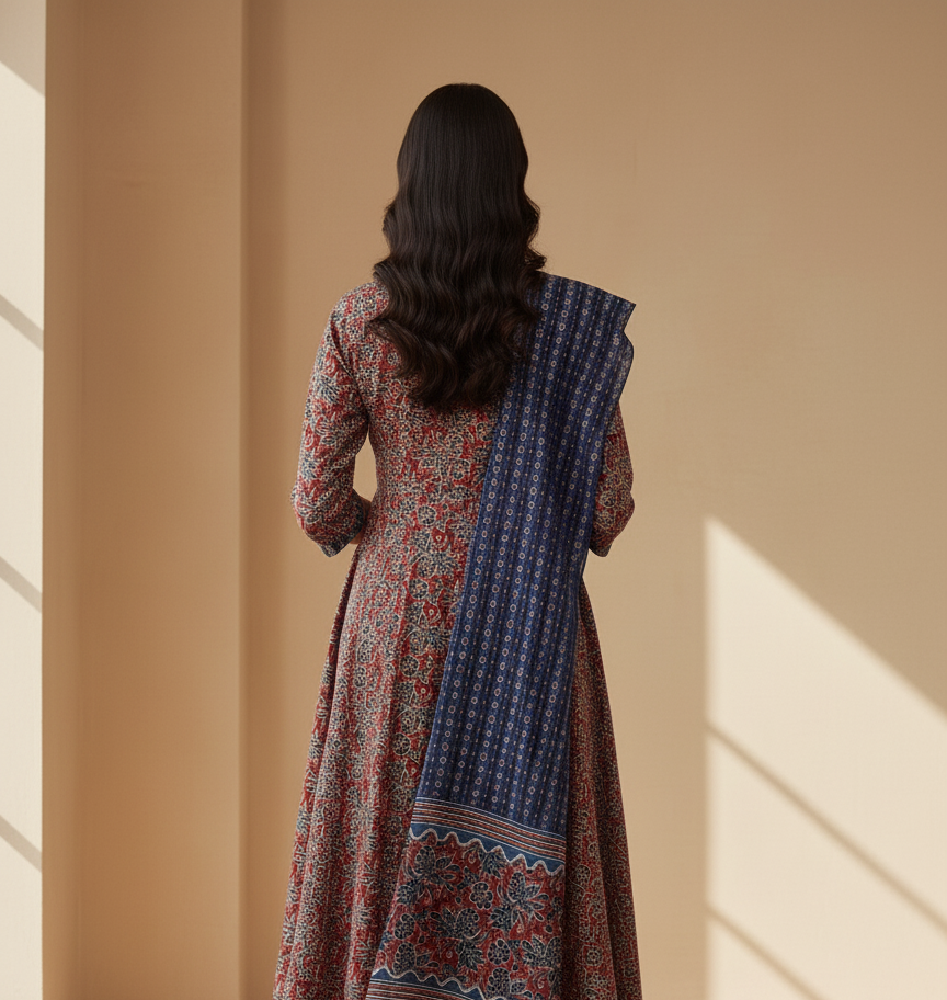 Pure Cotton Printed A-line 3 Piece Suit - Navy Blue & Brown