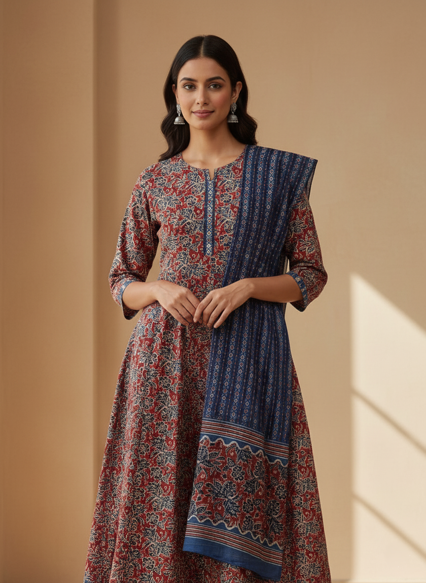 Pure Cotton Printed A-line 3 Piece Suit - Navy Blue & Brown