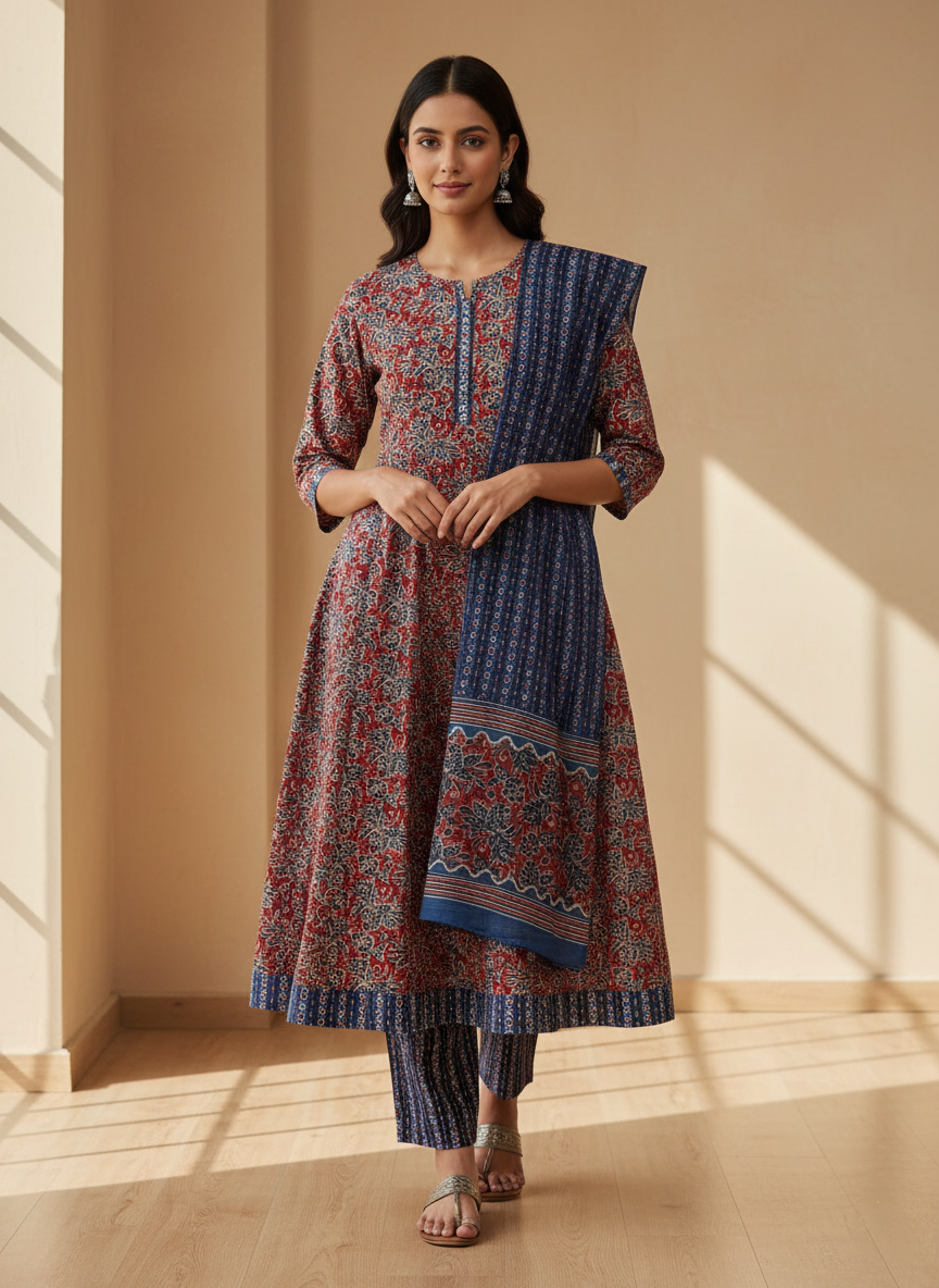 Pure Cotton Printed A-line 3 Piece Suit - Navy Blue & Brown