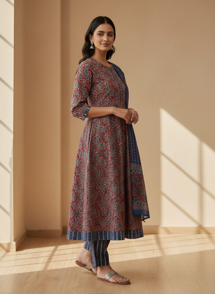 Pure Cotton Printed A-line 3 Piece Suit - Navy Blue & Brown