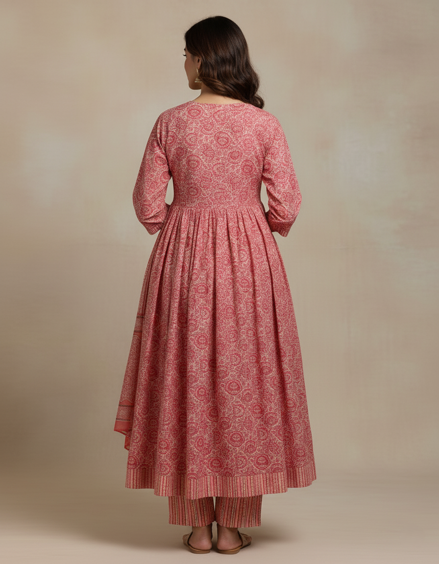 Pure Cotton Printed A-line 3 Piece Suit - Pink