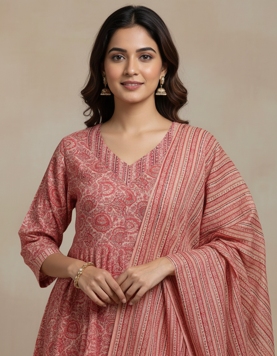 Pure Cotton Printed A-line 3 Piece Suit - Pink