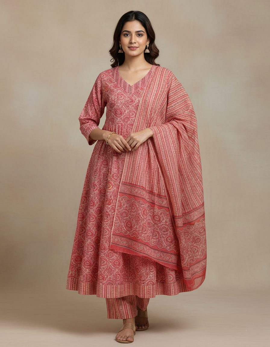 Pure Cotton Printed A-line 3 Piece Suit - Pink