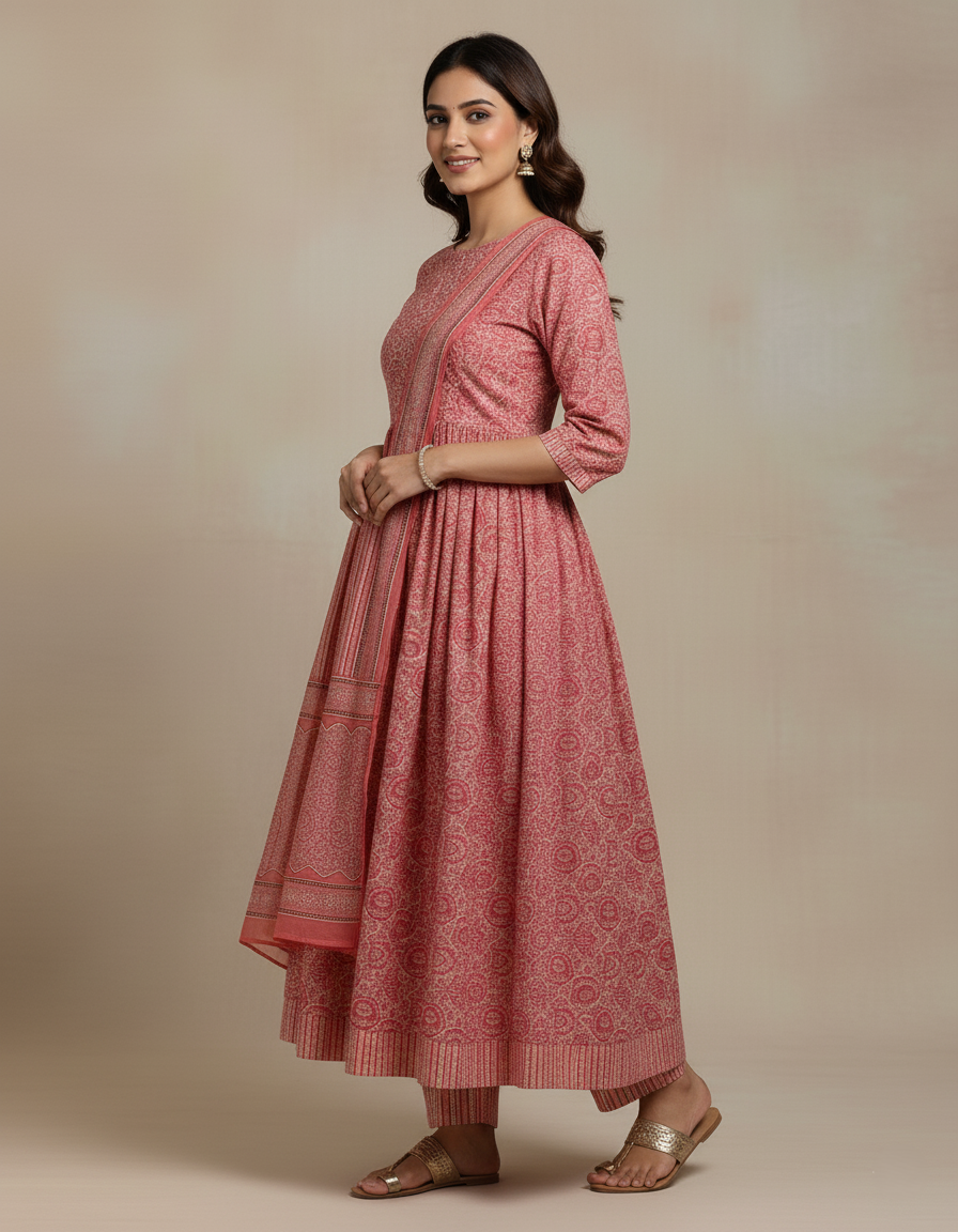 Pure Cotton Printed A-line 3 Piece Suit - Pink