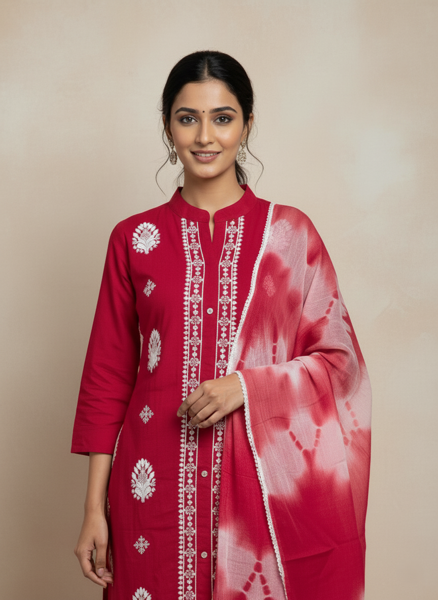 Premium Rayon Lawn Cotton Lucknowi Chikan-Kari Suit, Tie-Dye Dupatta - Red