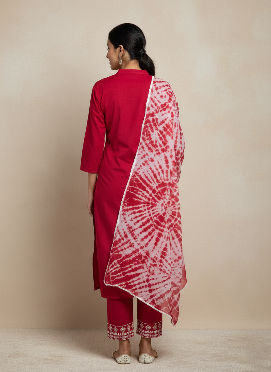 Premium Rayon Lawn Cotton Lucknowi Chikan-Kari Suit, Tie-Dye Dupatta - Red