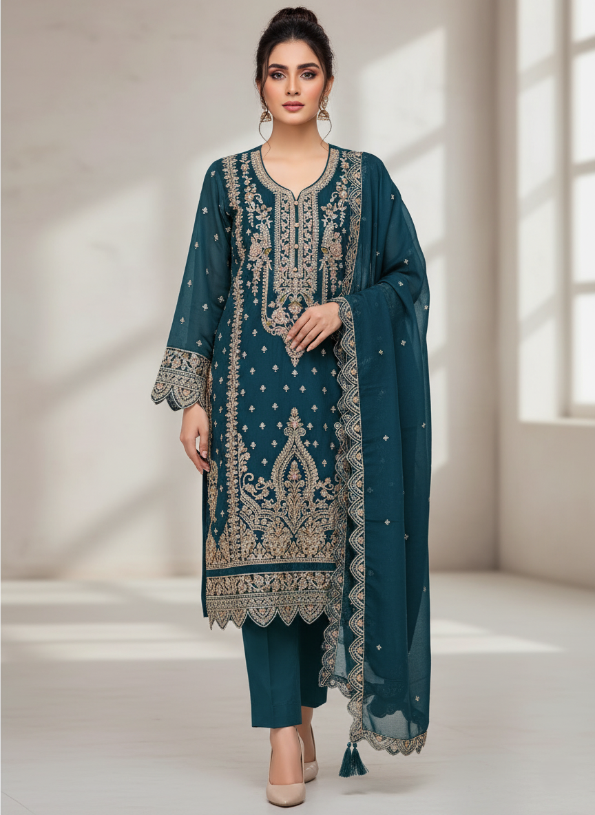 Premium Banarasi Georgette Designer Suit, Heavy Zari Embroidery - Aqua Green