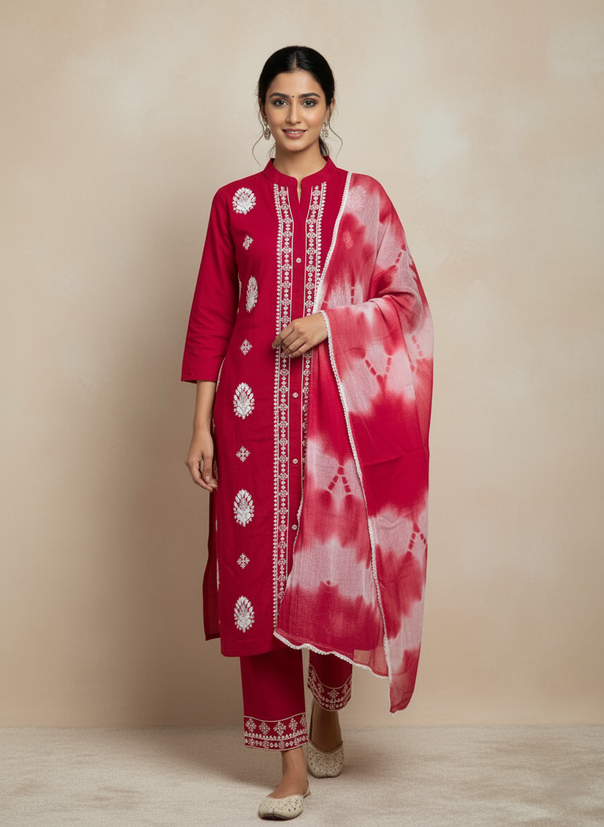 Premium Rayon Lawn Cotton Lucknowi Chikan-Kari Suit, Tie-Dye Dupatta - Red