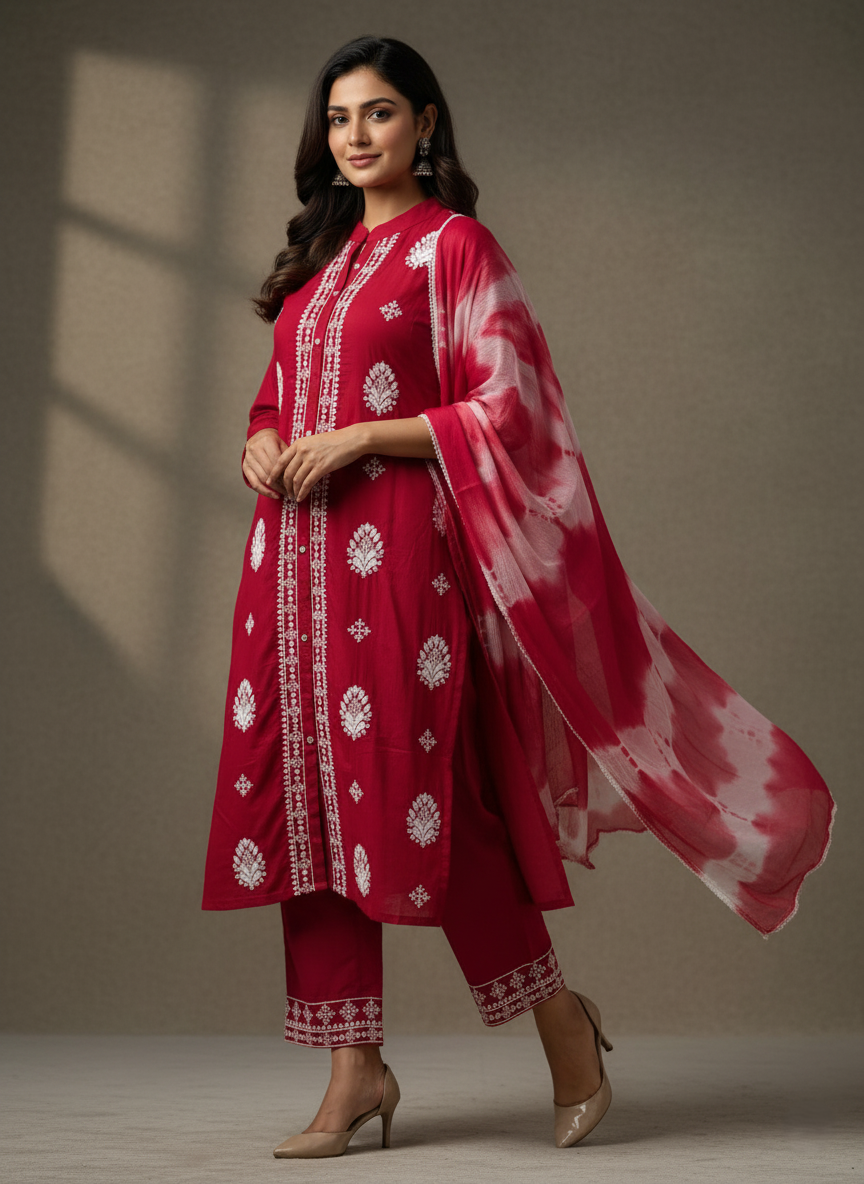 Premium Rayon Lawn Cotton Lucknowi Chikan-Kari Suit, Tie-Dye Dupatta - Red